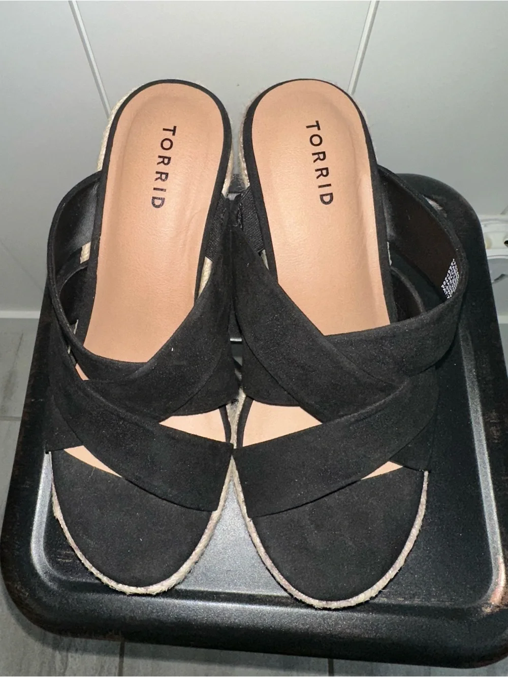 Black Suede Crisscross Espadrille Wedge Slides